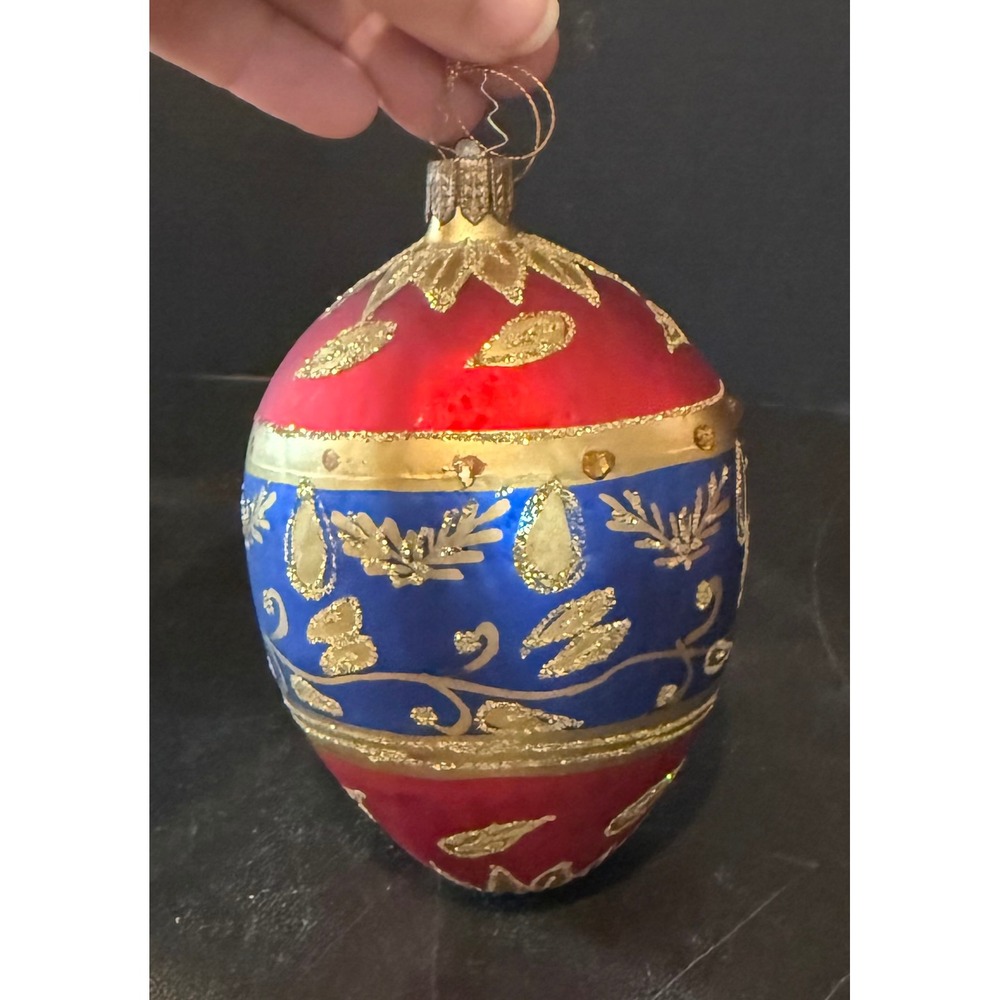 Large Egg Christmas Holiday Ornament Red Blue Gold Glitter Rhinestone‎ Glass
